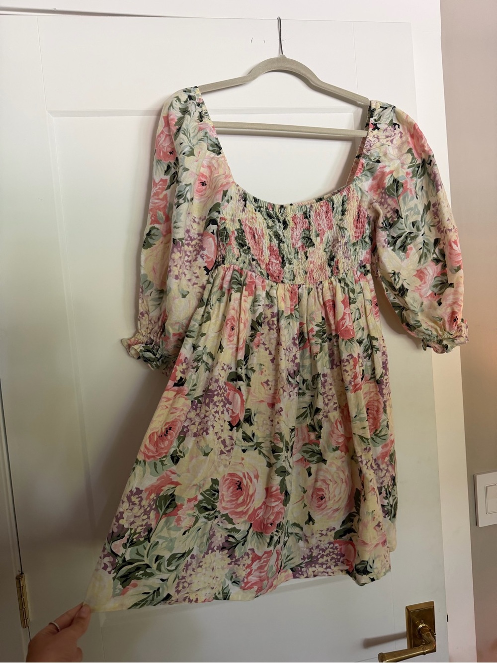 Faithfull the Brand Floral Smocked Puff Sleeve Dress - Pink & Cream